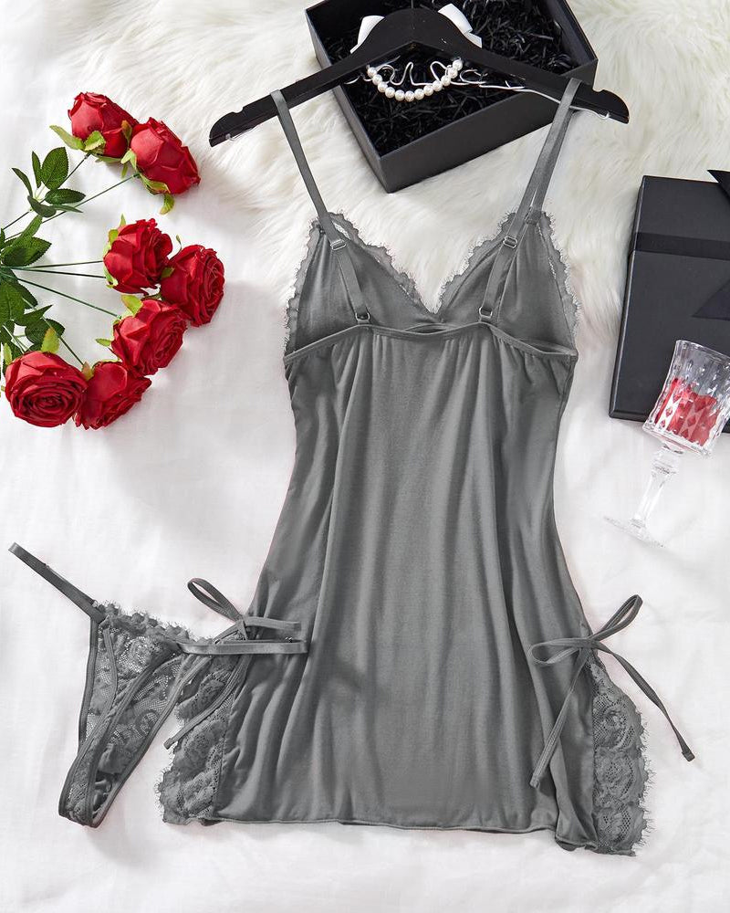 Sxy Bow Decorated Contrast Lace Suspender Nightdress Nightdress and Thong Set